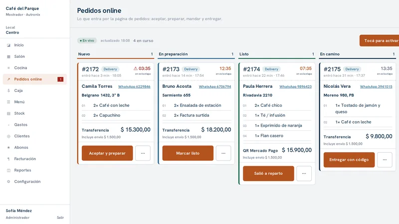 Tablero de pedidos online en columnas: nuevos, en preparación, listos y en camino.