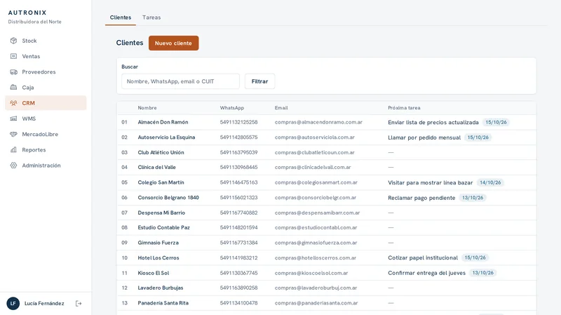 Listado de clientes con WhatsApp, email y próxima tarea pendiente.